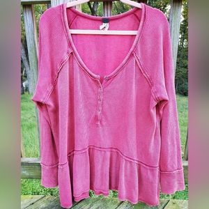 Women's Waffle Knit Mineral Washed Babydoll Henly Top